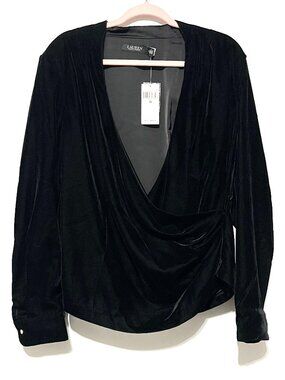 LRL Ralph Lauren Womens Velvet Faux Wrap Blouse 14 Black Glam Office Going Out